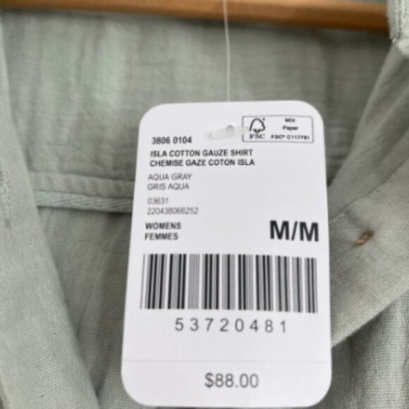 Roots Isla Cotton Gauze Button-Up Shirt Aqua Gray | Size M - Picture 2 of 2